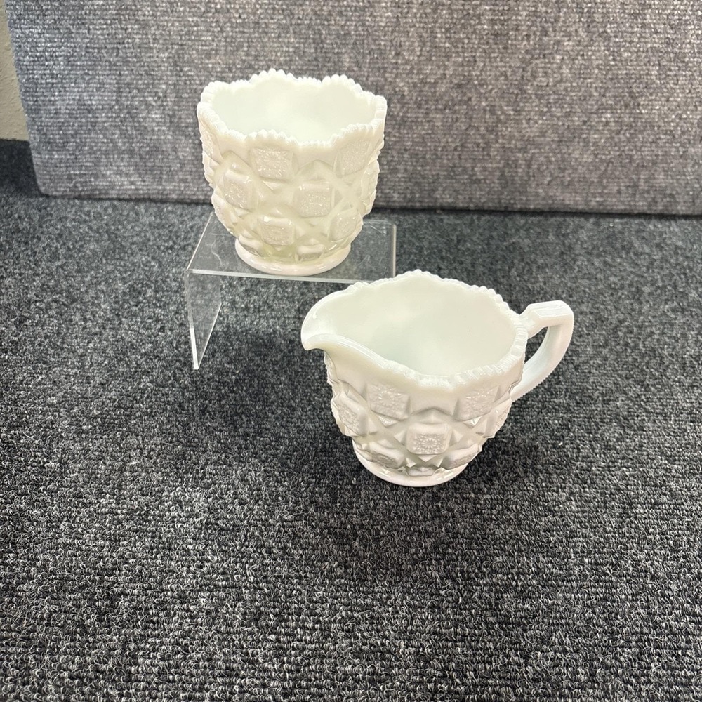 Vtg~Westmoreland White Milk Glass~Old Quilt~Sugar and Cream Set